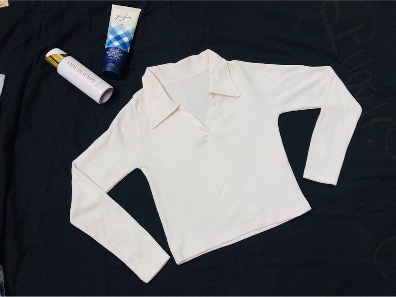 Ribbed White Collar Crop Top