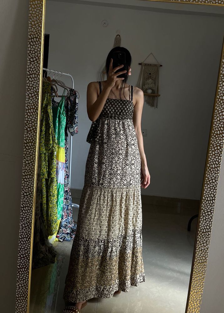 Brown&amp;Beige Printed Tiered Maxi Dress