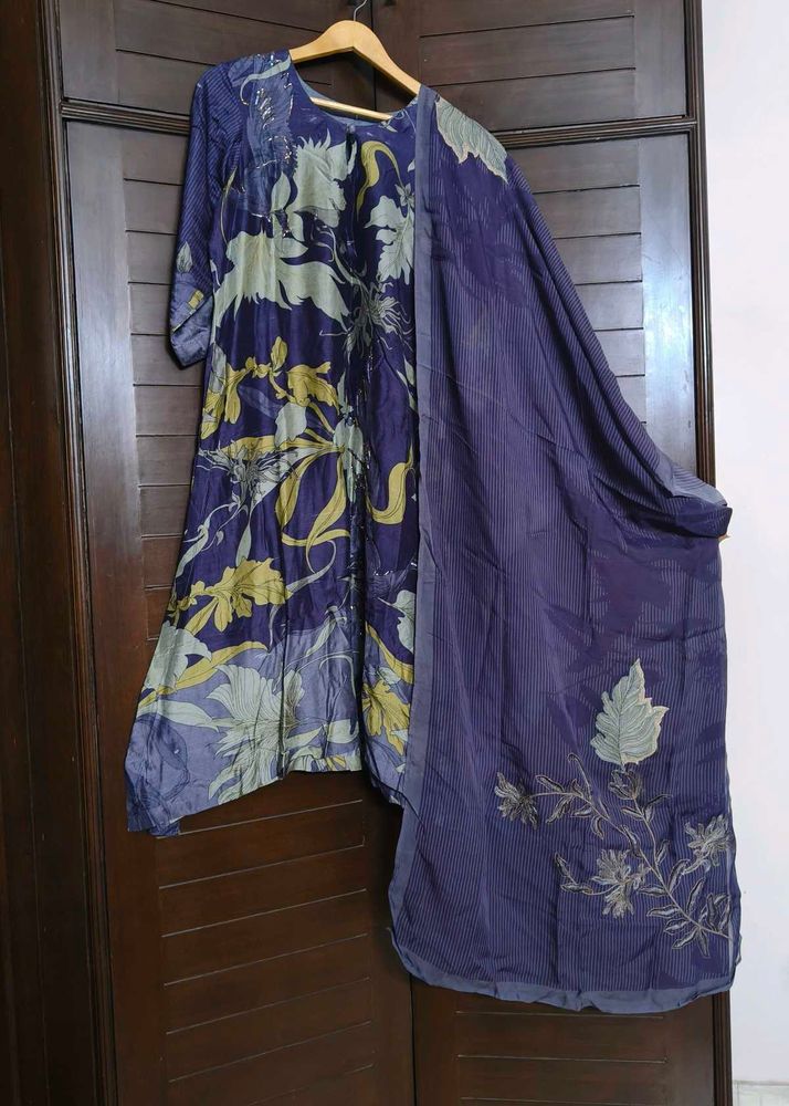 Purple Floral Print Embroidered Kurta Set