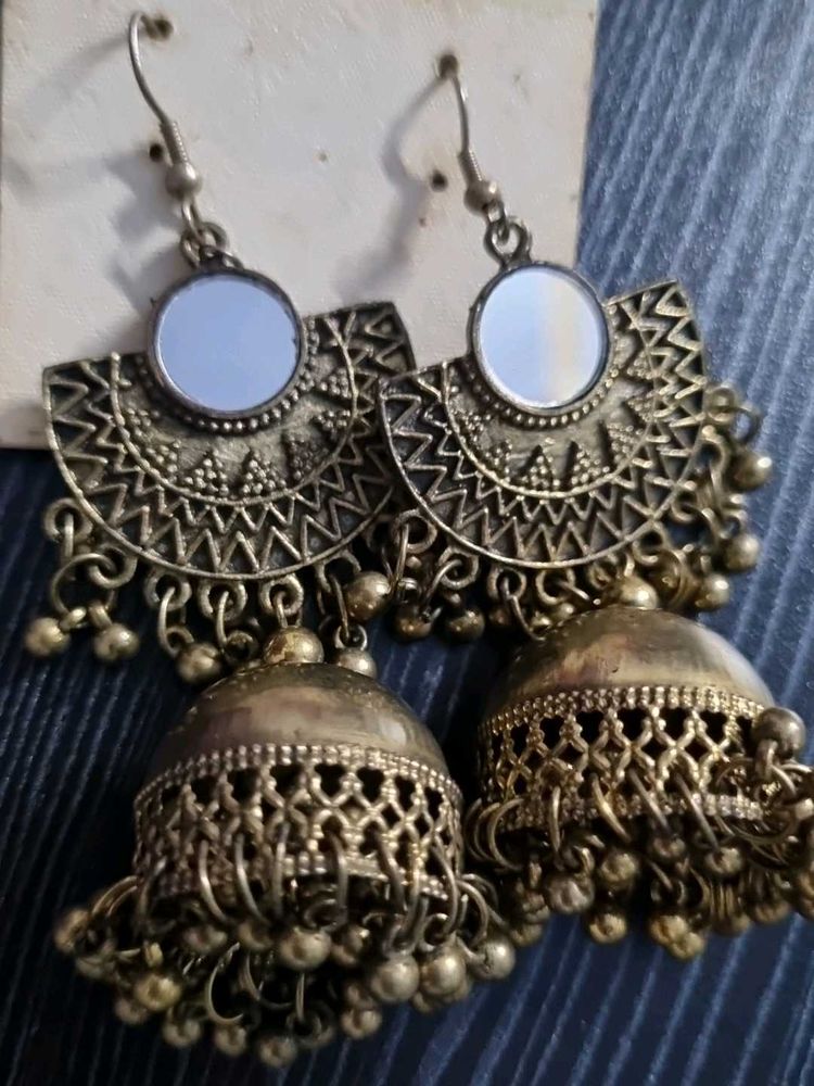 Oxidized Mirror Work Jhumka Earrings