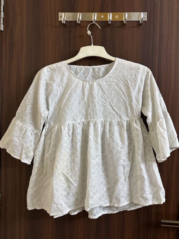 White Embroidered Flared Sleeve Top