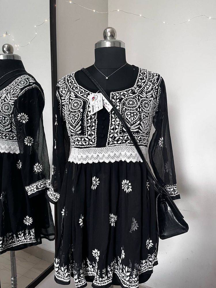 New Black Net Embroidered Kurti