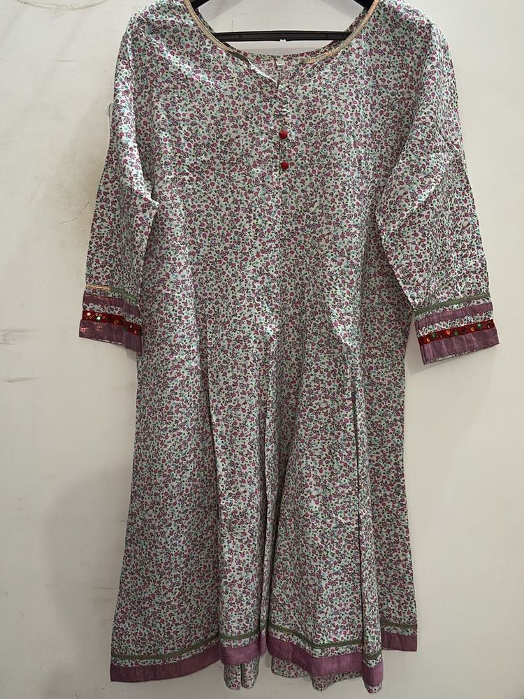 White Anarkali With Pink Flowers