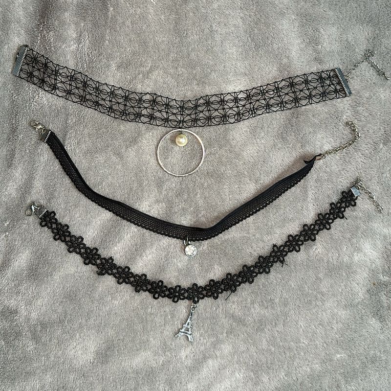 Set Of 3 Black Choker Strings &amp; silver Anklets