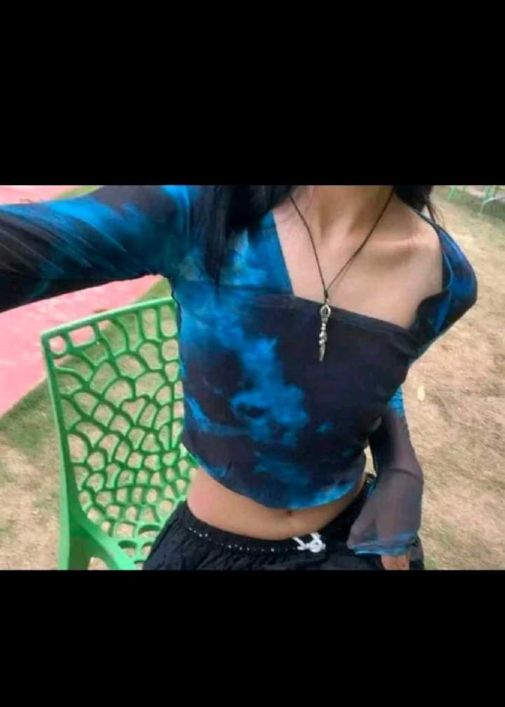Blue Tie-Dye Mesh Crop Top