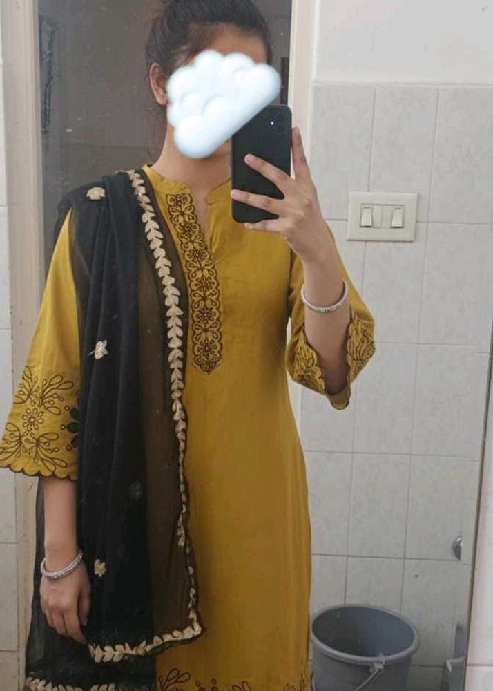🌼 Mustard Yellow cut work Kurti Set with Black Du