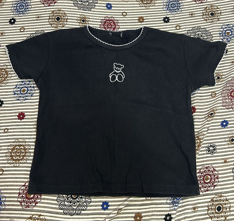 Adorable Teddy Bear Embroidered Black Crop Top