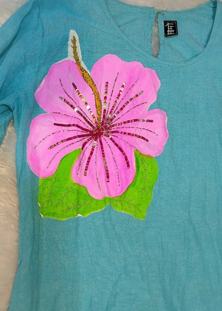 Blue Top with Floral Applique