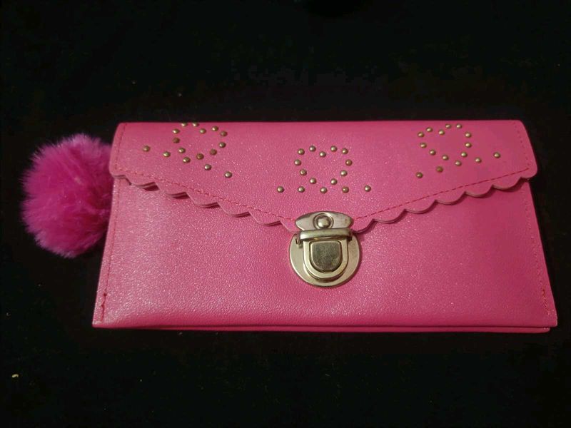 Pink Studded Wallet with Pom-Pom