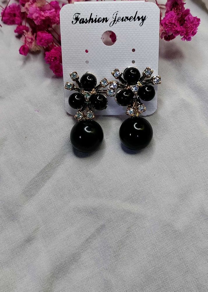 Black Flower Ball Drop Earrings