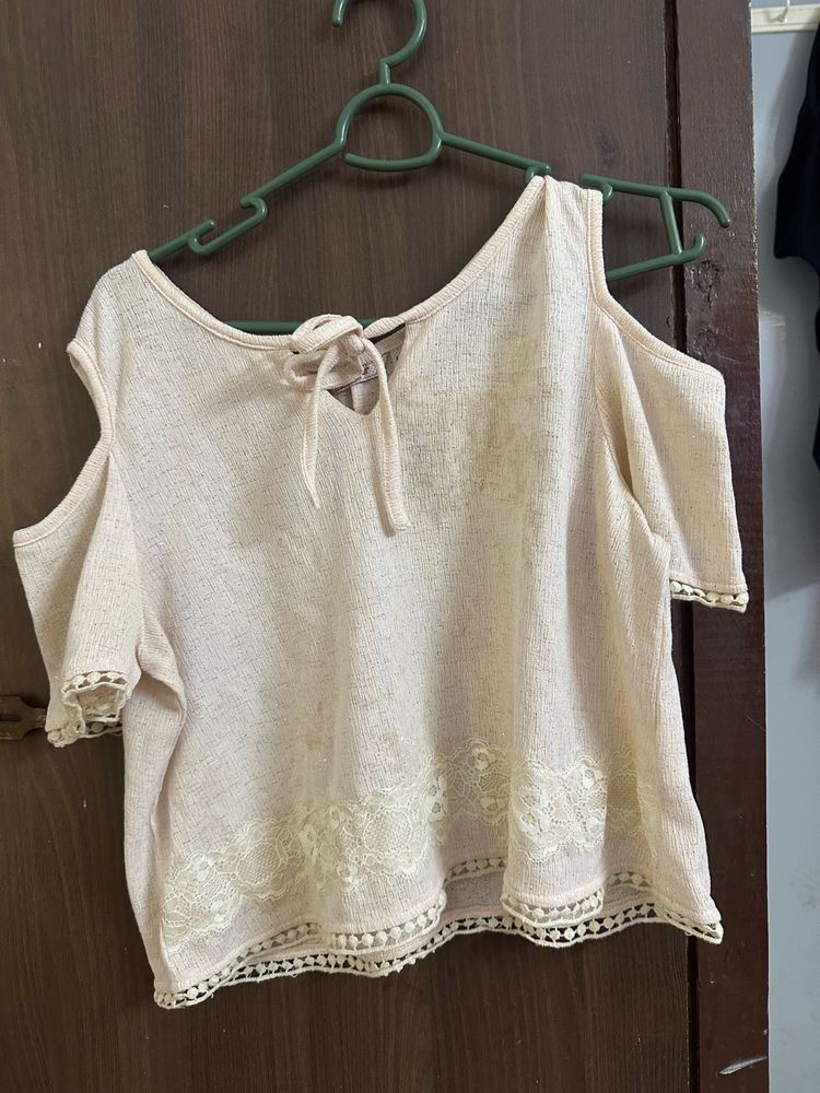 Cute Beige Cold Shoulder Top
