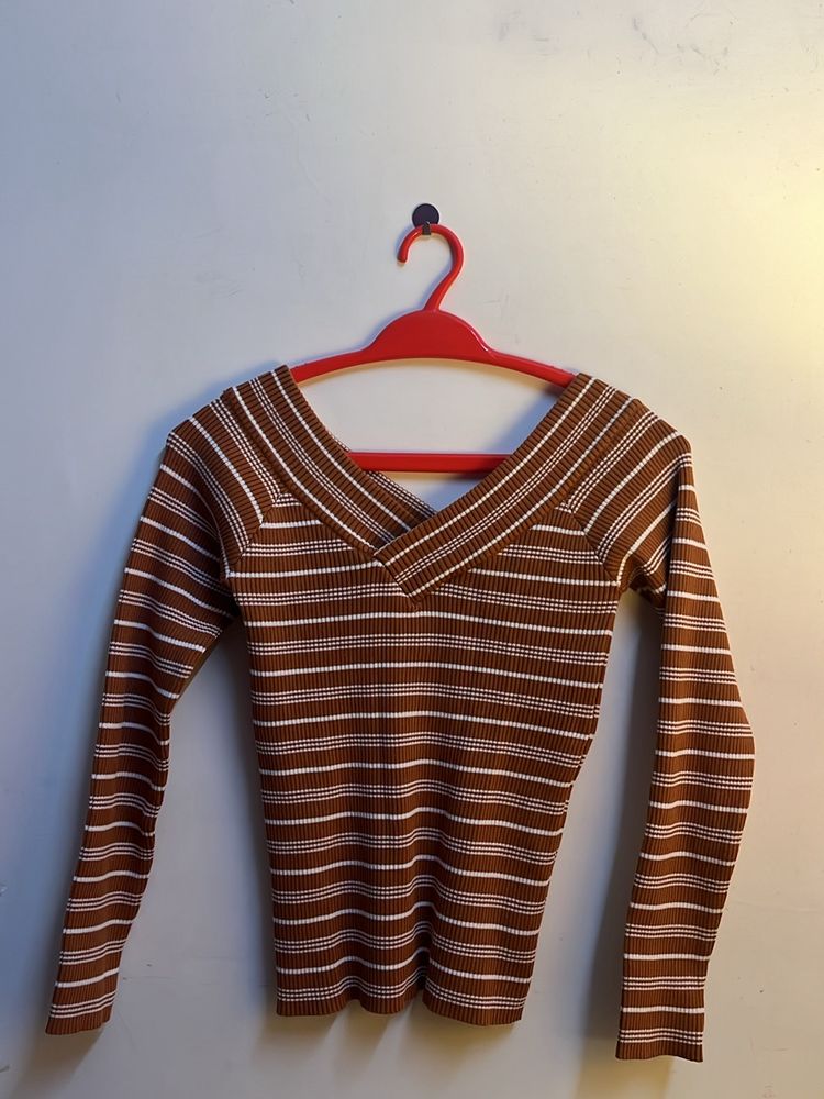 Brown Striped Ribbed Winter Top