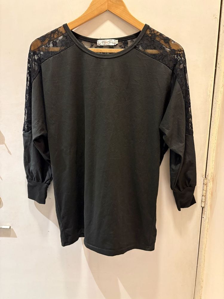 Black Lace Sleeve Over Size Top