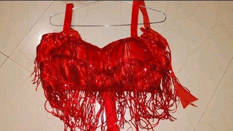 Red Sequin Fringe Crop Top