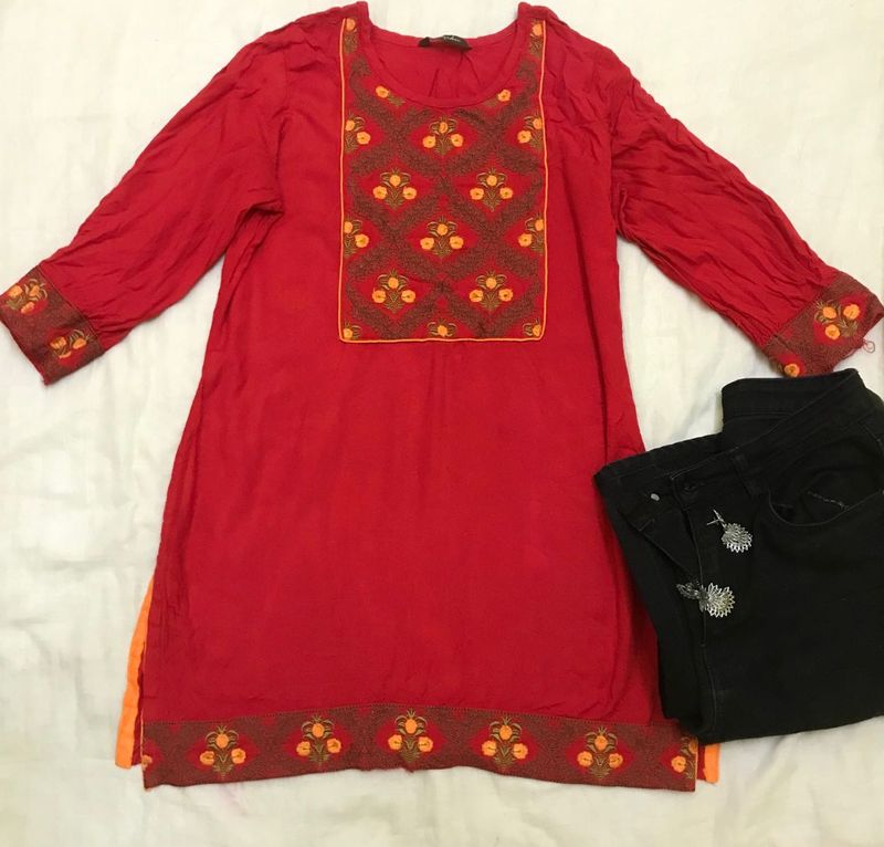 Red Embroidered Kurti