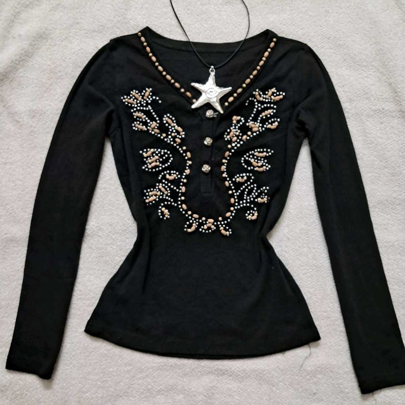 Y2k Black Embellished Long Sleeve Fitted  Top