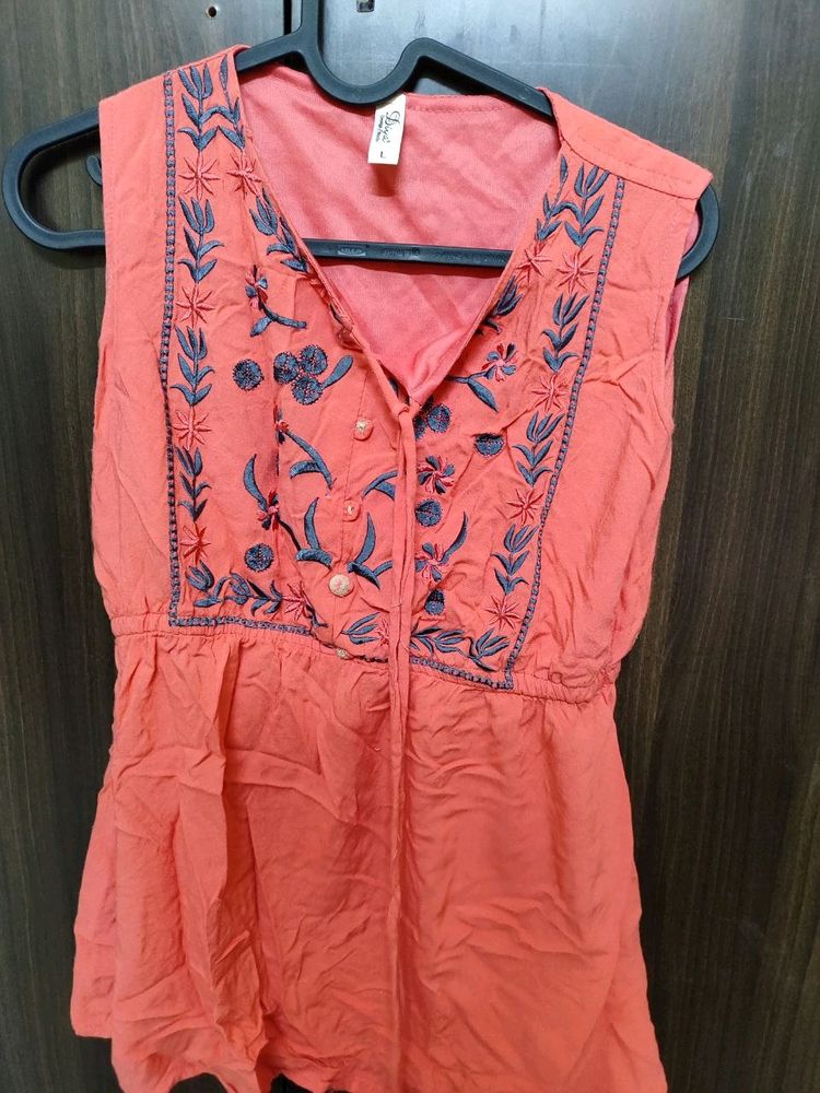 Coral Embroidered Sleeveless Top