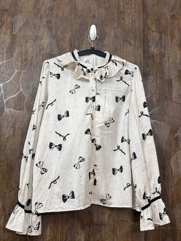 Bow Print Ruffle Korean Top