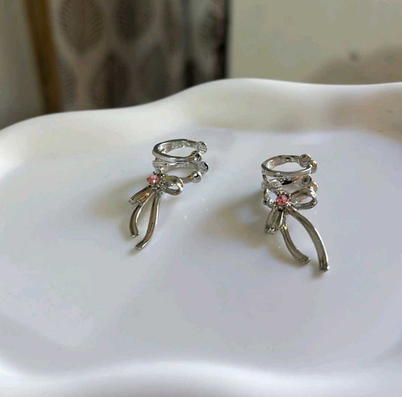 Cute Bow Silver cuff Earrings no piercing