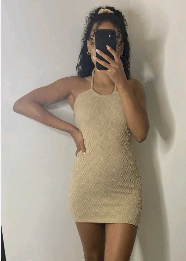 H&amp;M Beige Tan Textured Halterneck Mini Dress