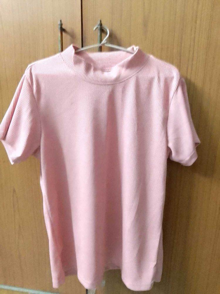 Pink Ribbed Mock Neck Top