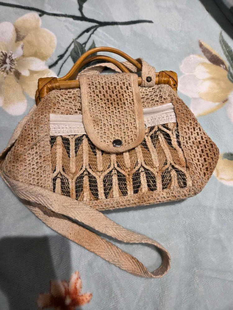 Woven Handbag with Wooden Handles