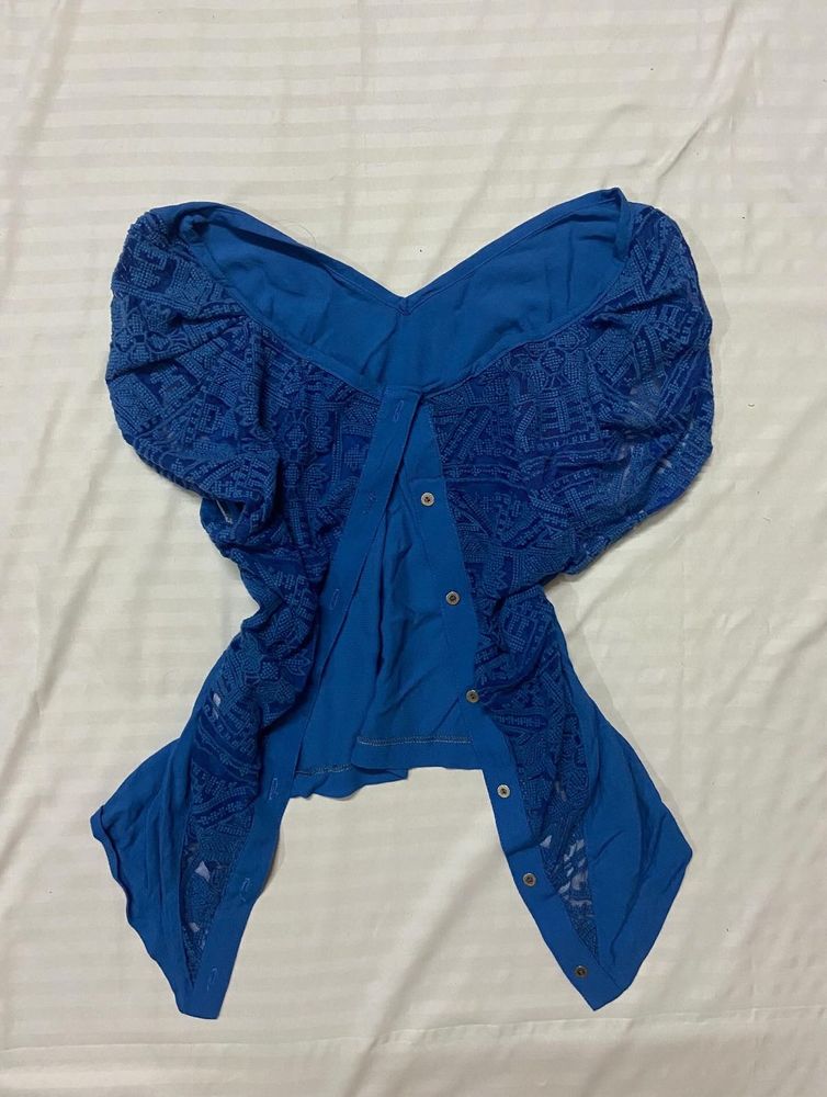 Blue Lace Trim Button Down Top