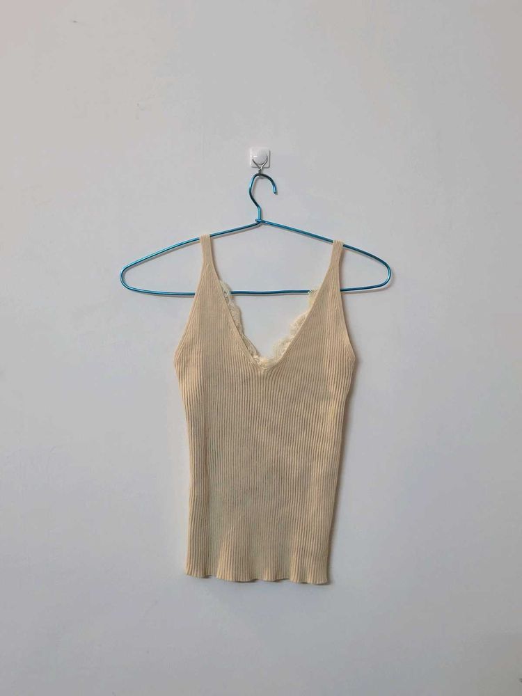 Beige Lace Trim Tank Top