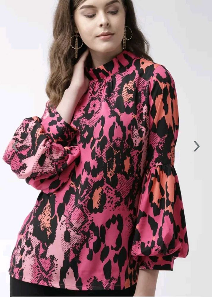 Pink Animal Print Bishop Sleeve Top