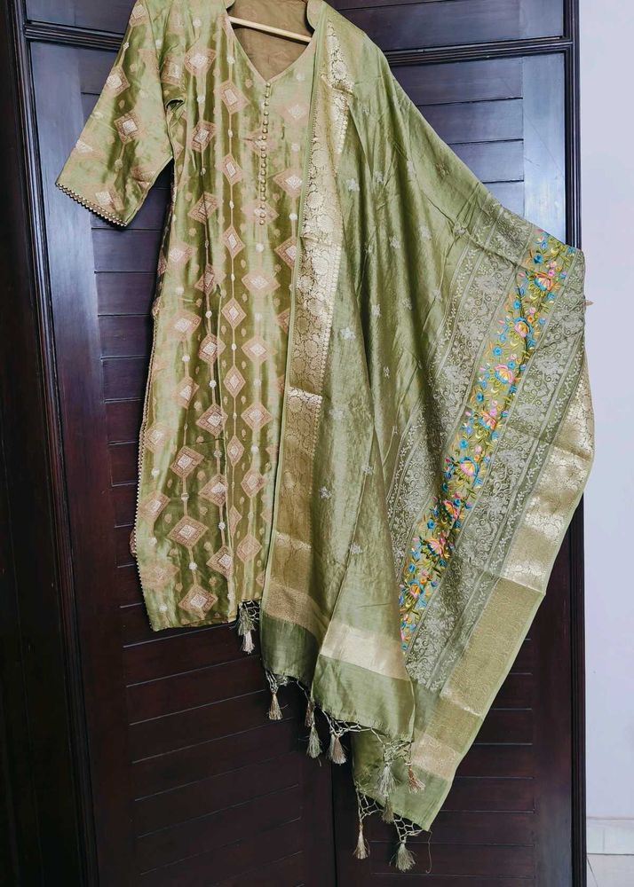 Green Chanderi Silk Zari Woven Design Suit Set