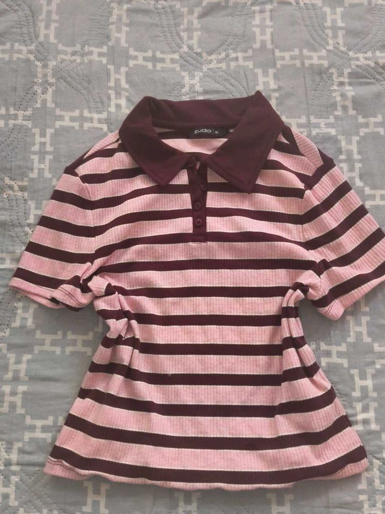 Striped Ribbed Polo T-Shirt
