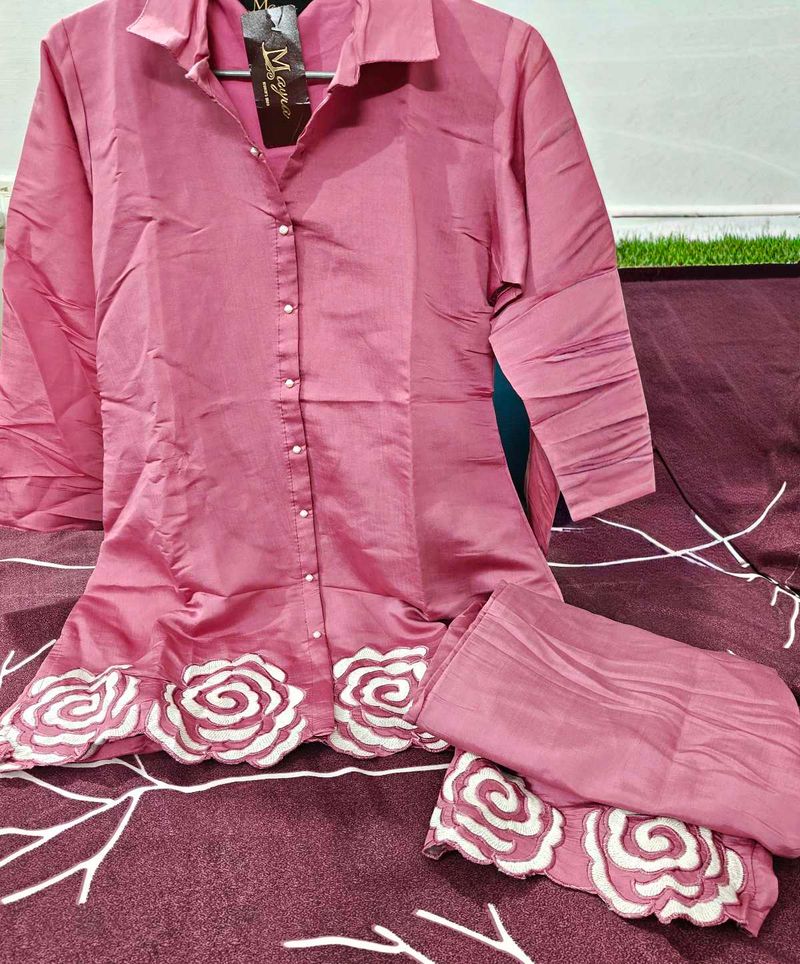 Embellished Pink Co Ord Set With Flower Embroidery