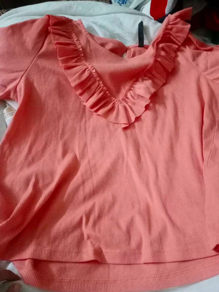 Ruffle Neck Top - Coral