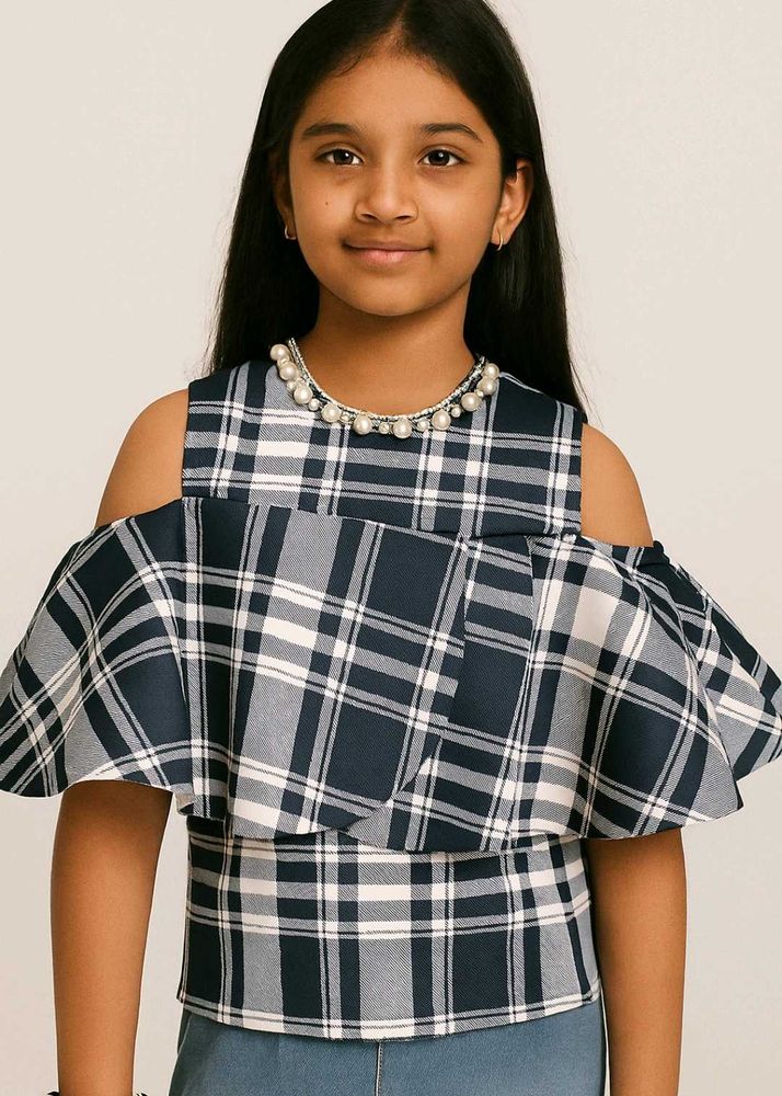 Plaid Pearl Cold Shoulder Top