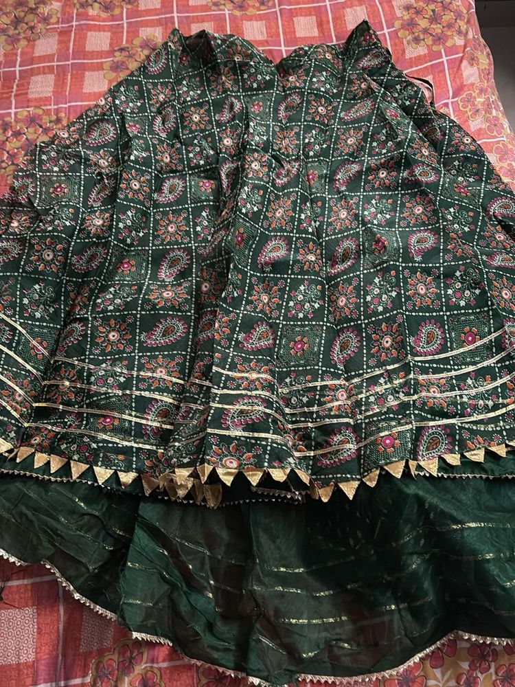 Green Printed Ethnic Lahenga With Unstitched Blous