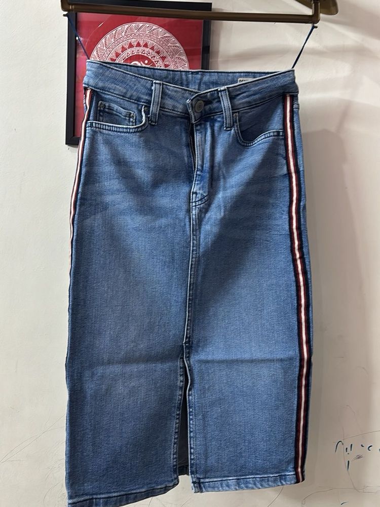 Denim Skirt with Stripe Detail