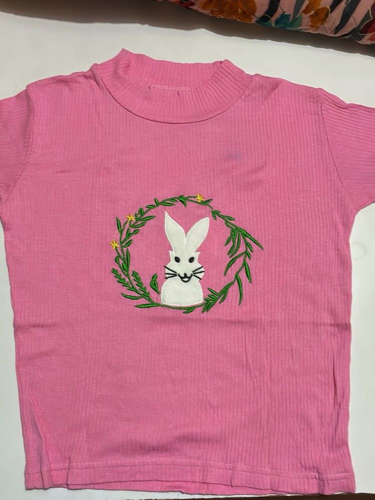Pink Bunny Ribbed Mock Neck Top