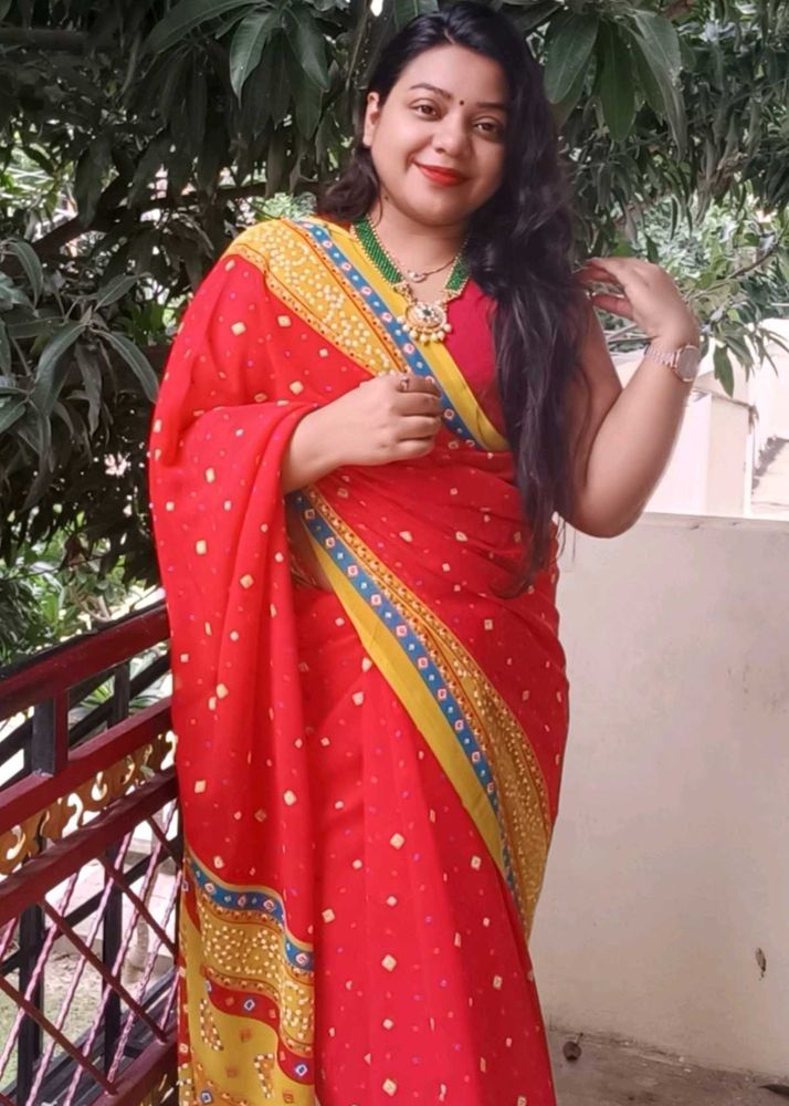 Red &amp; Yellow Bandhani Saree