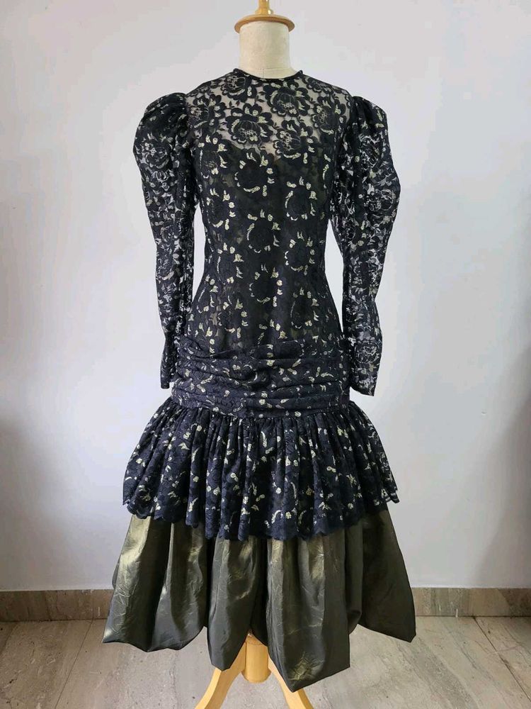 Vintage Lace Dress - Puff Sleeves &amp; Tiered Skirt