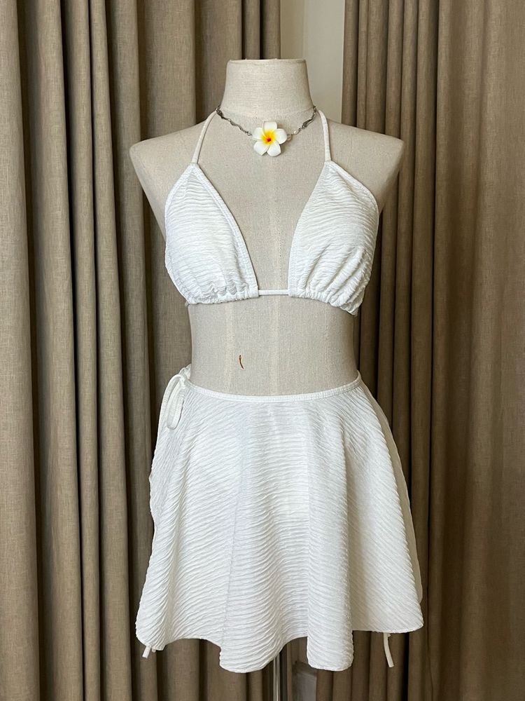 White Textured Bikini 3 piece Set