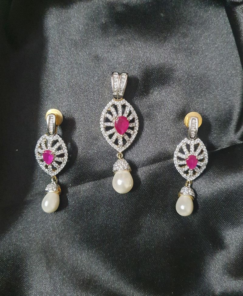 AD Diamond with Pure Pearl &amp; Ruby Pendant Set