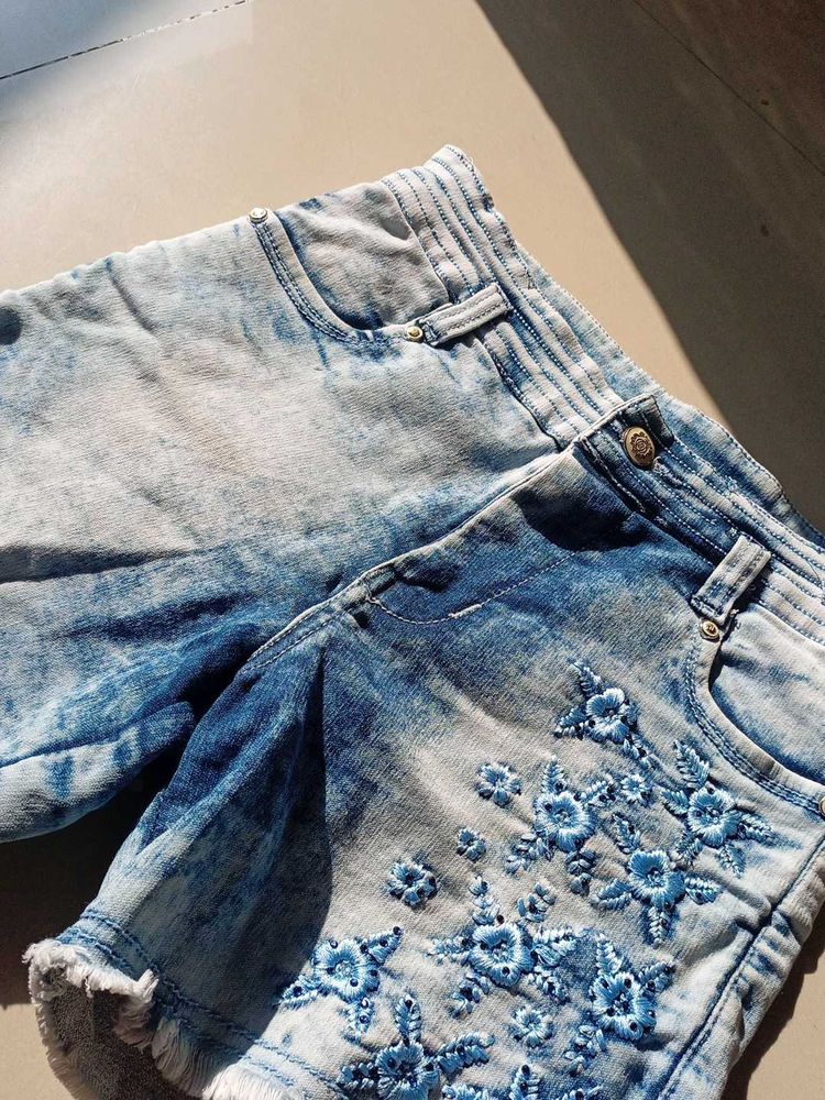 Embroidered Denim Shorts