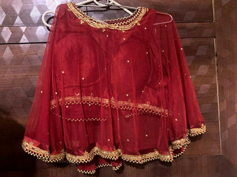 Red &amp; Gold Embellished Blouse And Golden Skirt