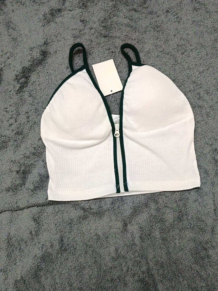 White Ribbed Zipper Crop Top