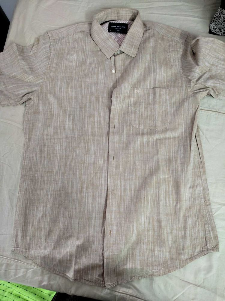 Peter England Tan Linen Short Sleeve Shirt