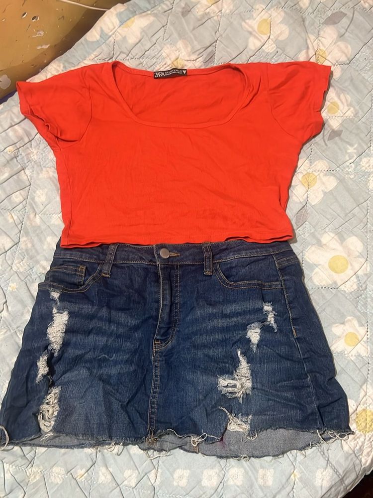 Orange Top &amp; Distressed Denim Skirt