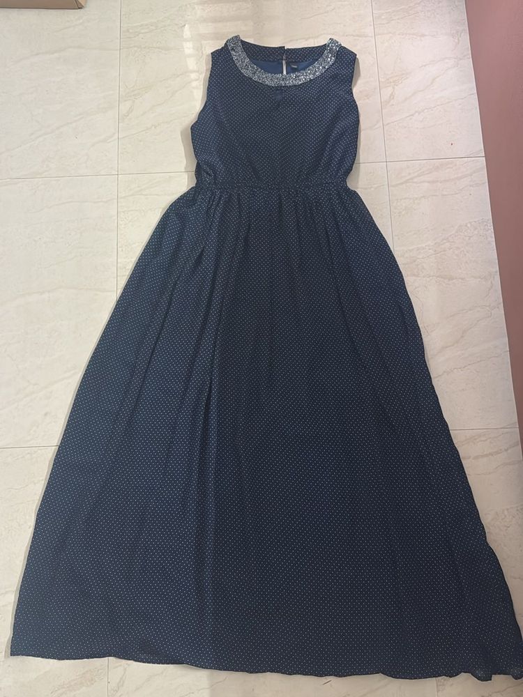 Navy Beaded Neck Maxi Dress