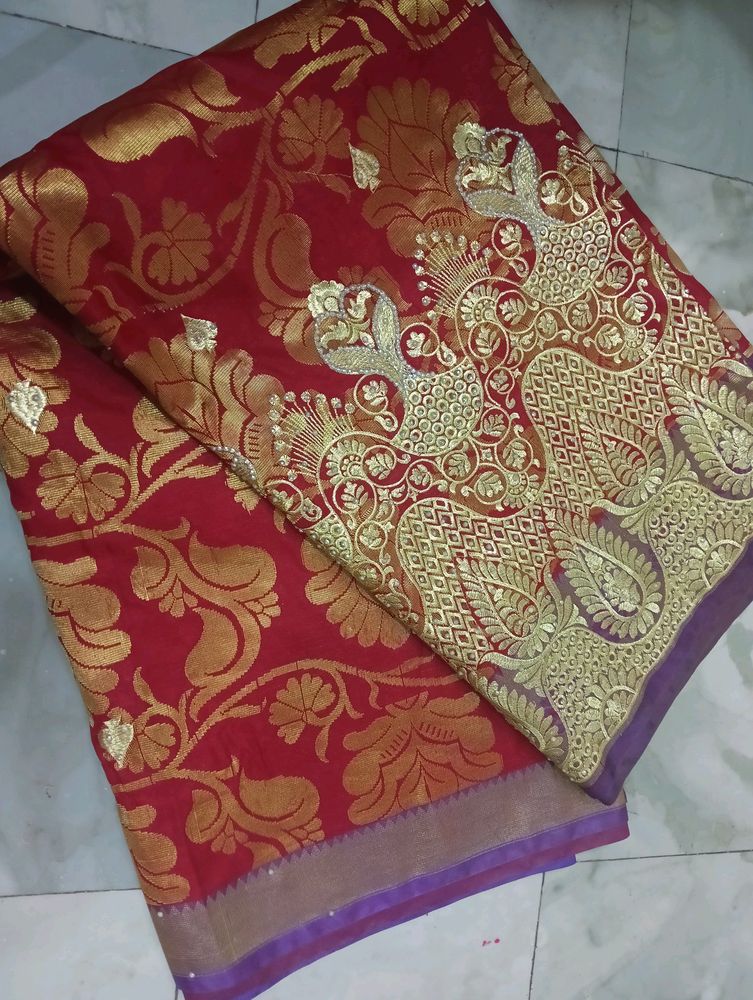 Red &amp; Gold Silk Saree with Peacock Border