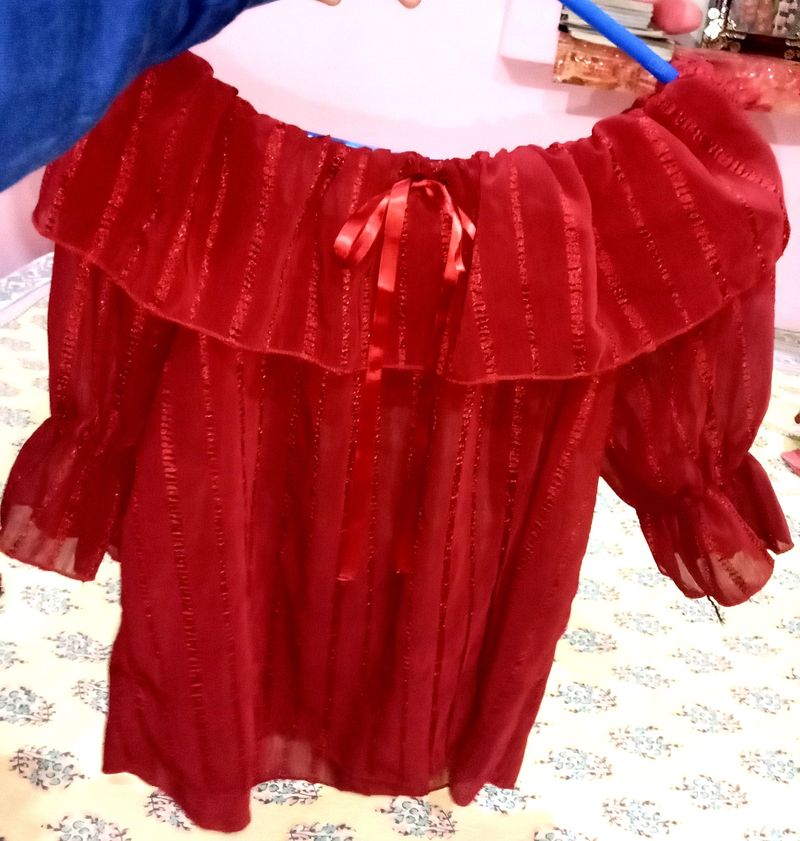 Korean Off Shoulder Maroon Top