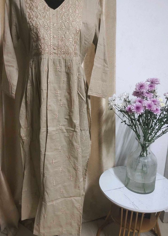 Embroidered Khaki Kurti